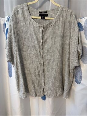 Tahari Loose Weave 100% Linen Oversized Boxy Back Button Up Top Womens Sz S